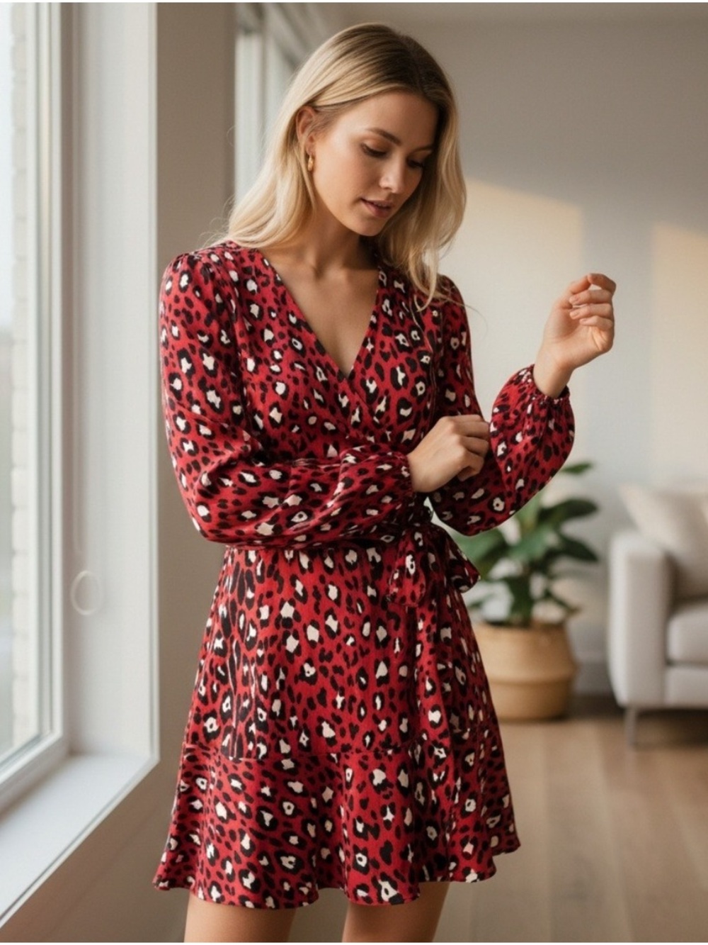A.L.C Michaela Wrap dress Red Leopard Print Long-Sleeve Wrap Dress